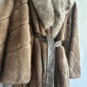Weekend sale only - Fawn Mink Fur Coat with blue fox collar Leather wrap Belt